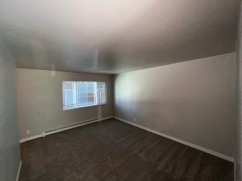 a living room with a window and a brown carpet