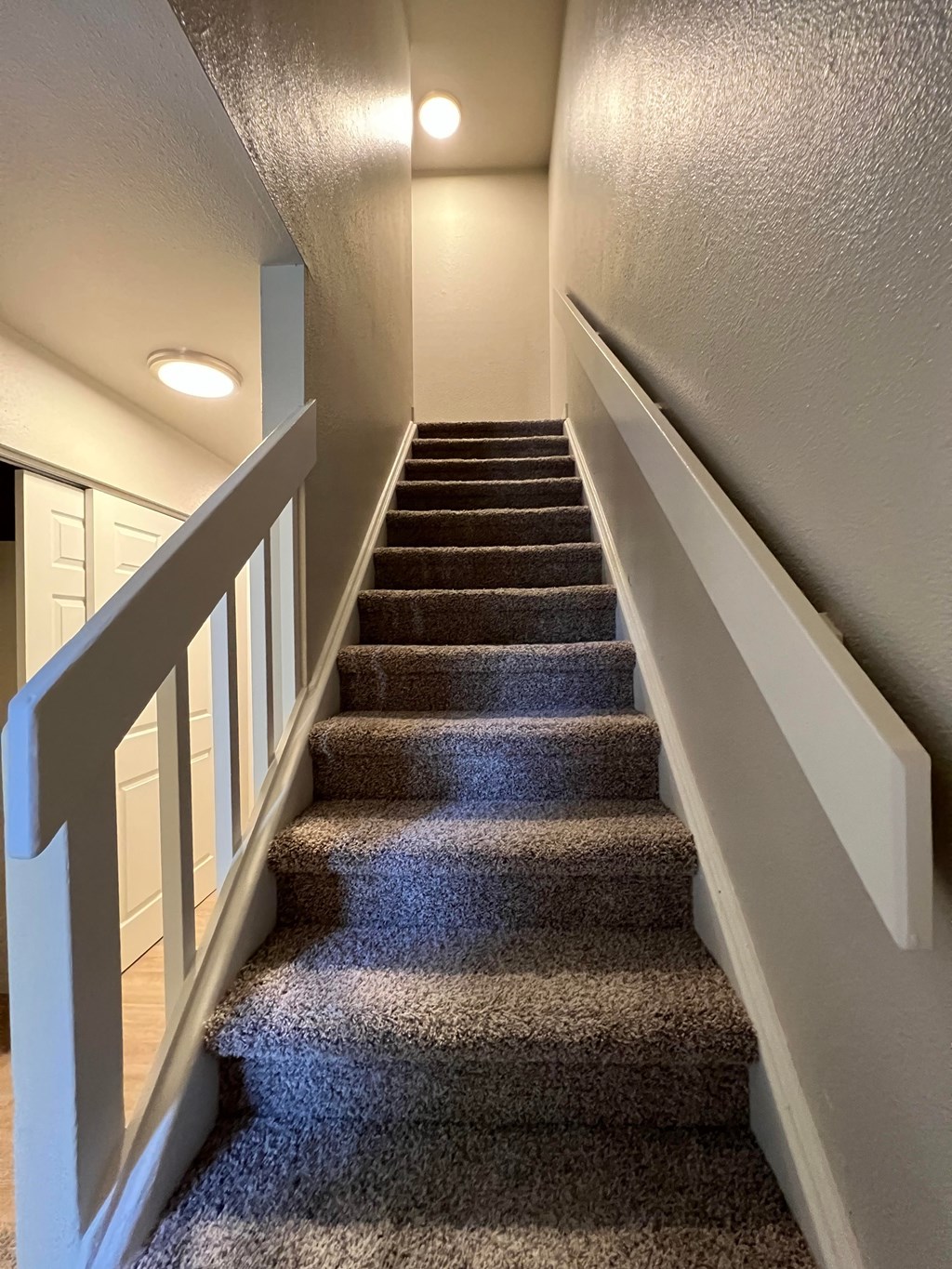 a carpeted staircase with white railing and gray carpeted stairs