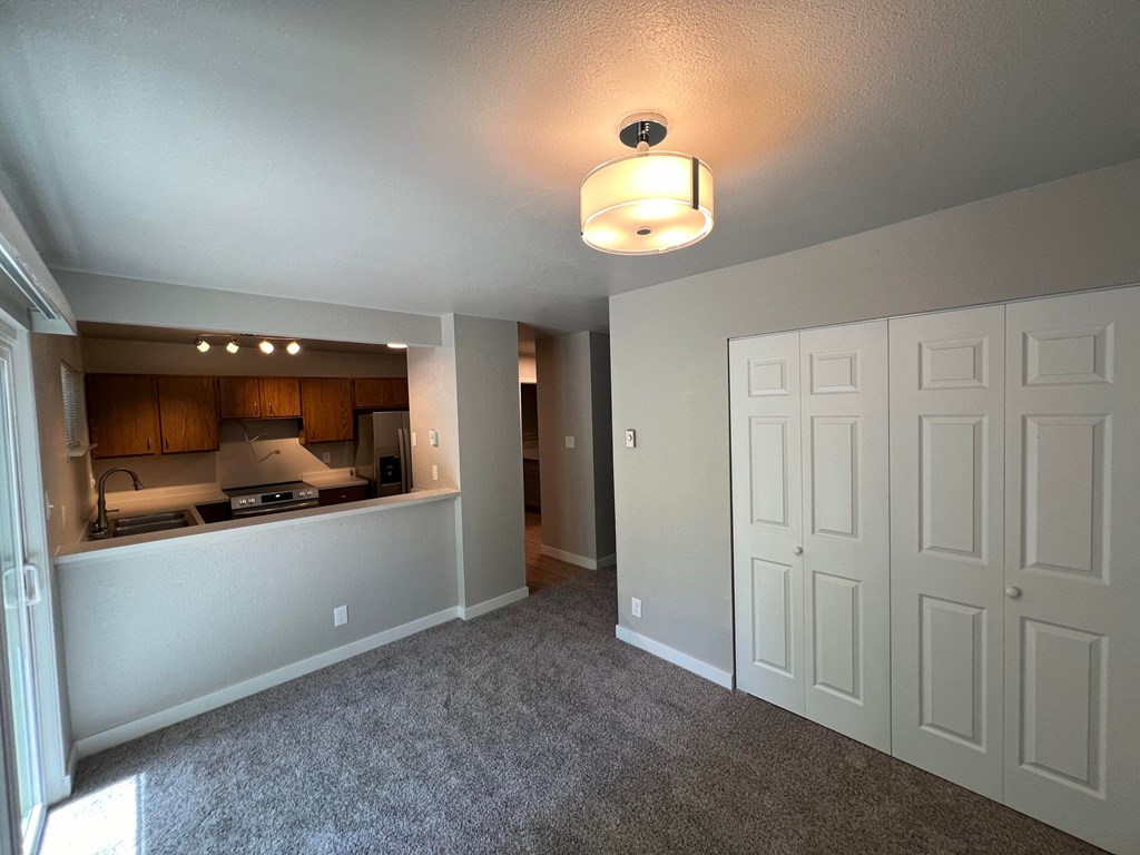 an empty living room and kitchen with white doors