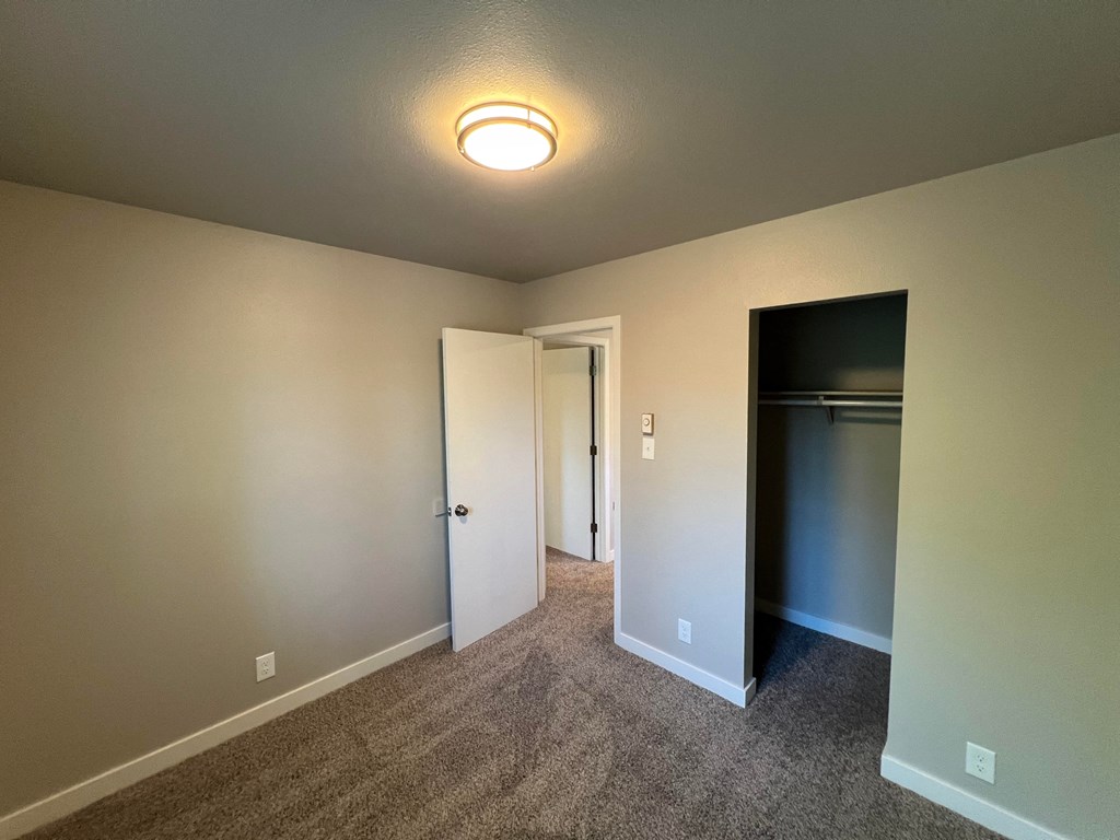 a living room with carpet and a door to a closet