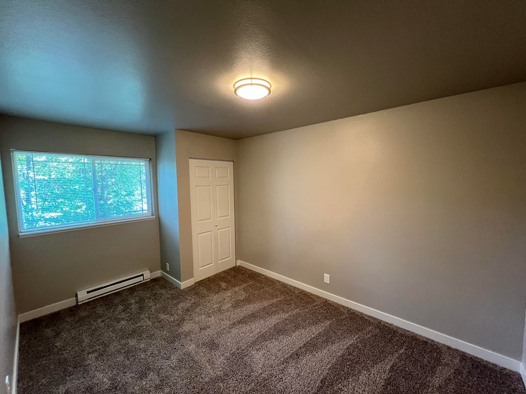 a empty room with carpet and a window and a door