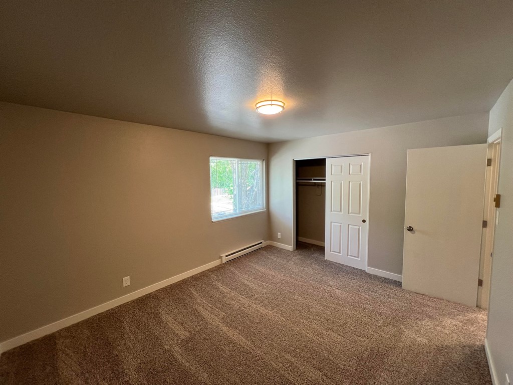 an empty living room with carpet and a door to a closet