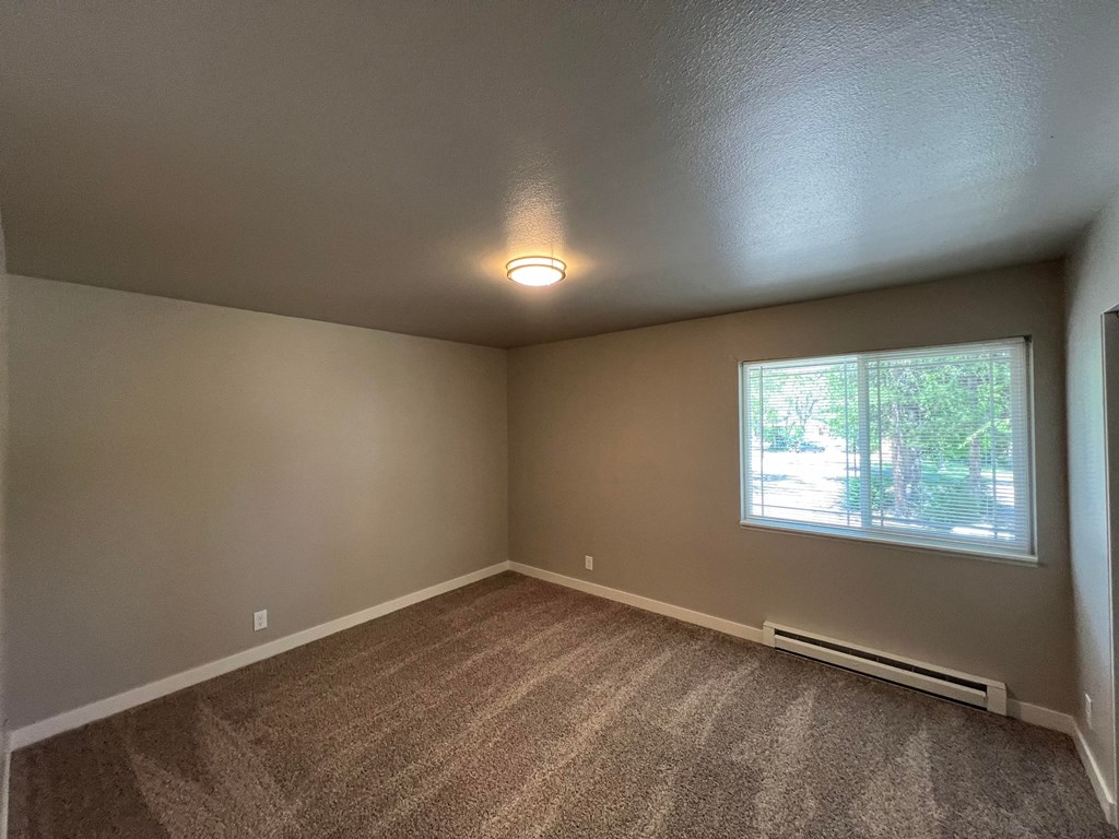 an empty living room with carpet and a window