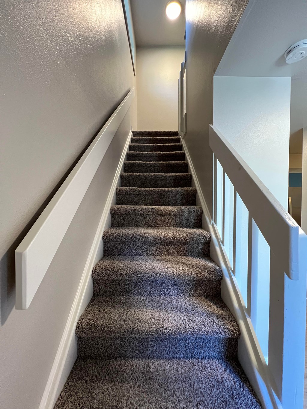 a carpeted stairway with a white railing and blue carpet on the stairs