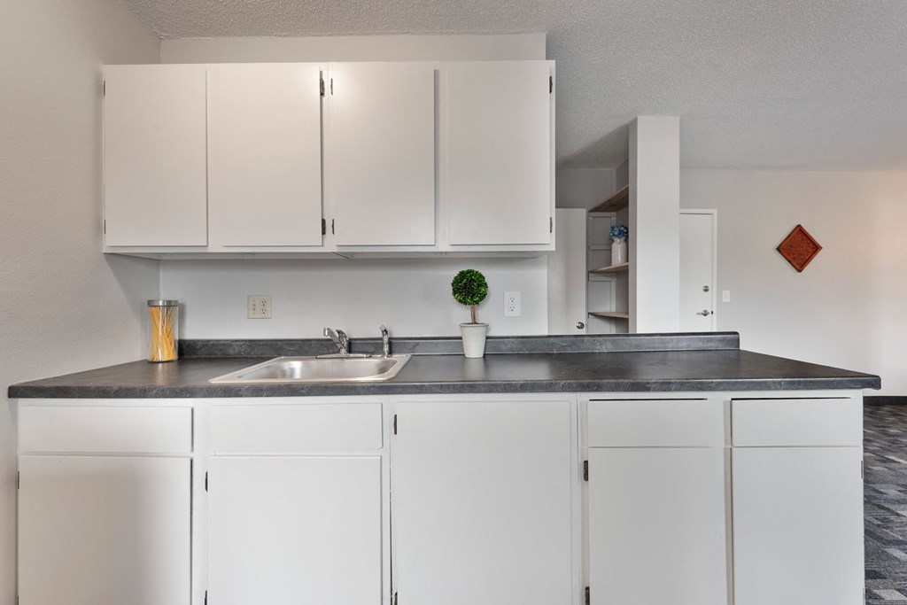 a white kitchen with white cabinets and a black counter top