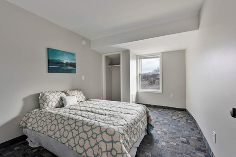 a bedroom with a bed and a window