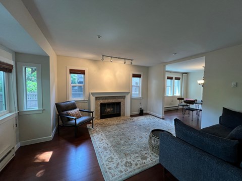 a living room with a fireplace and a rug