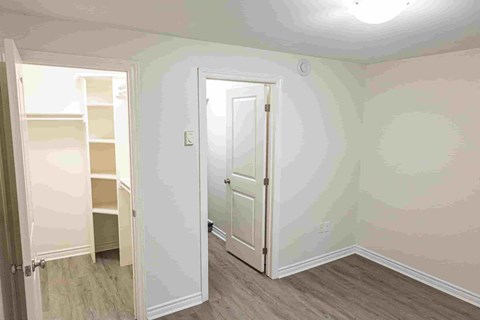 a bedroom with a closet and a door