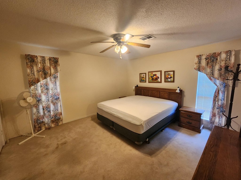 a bedroom with a bed and a ceiling fan