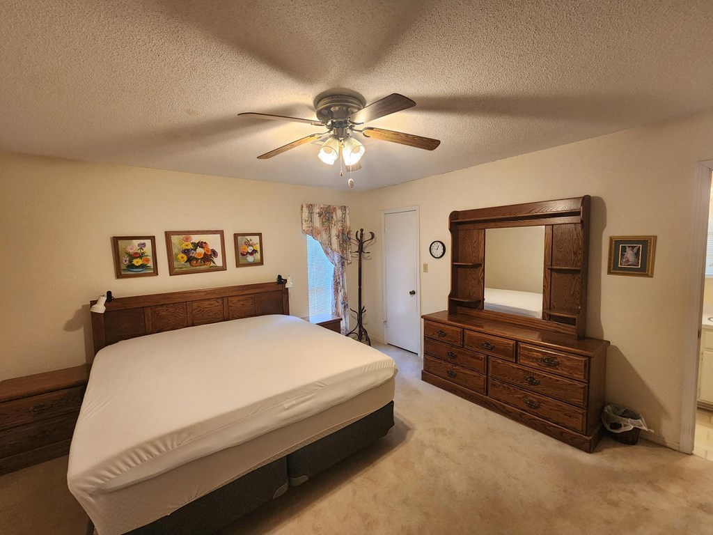 a bedroom with a bed and a ceiling fan