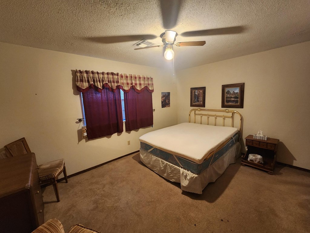 a bedroom with a bed and a ceiling fan