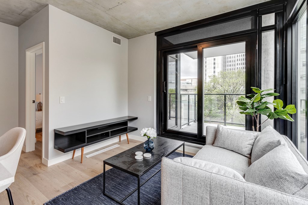 a living room with a couch and a coffee table