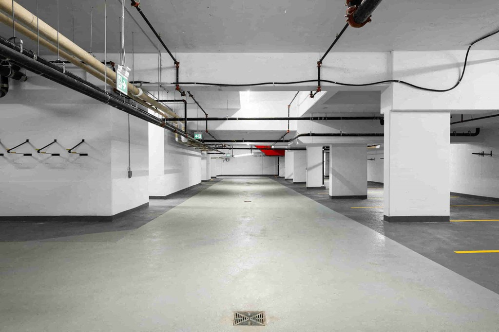 the underground parking garage of the building