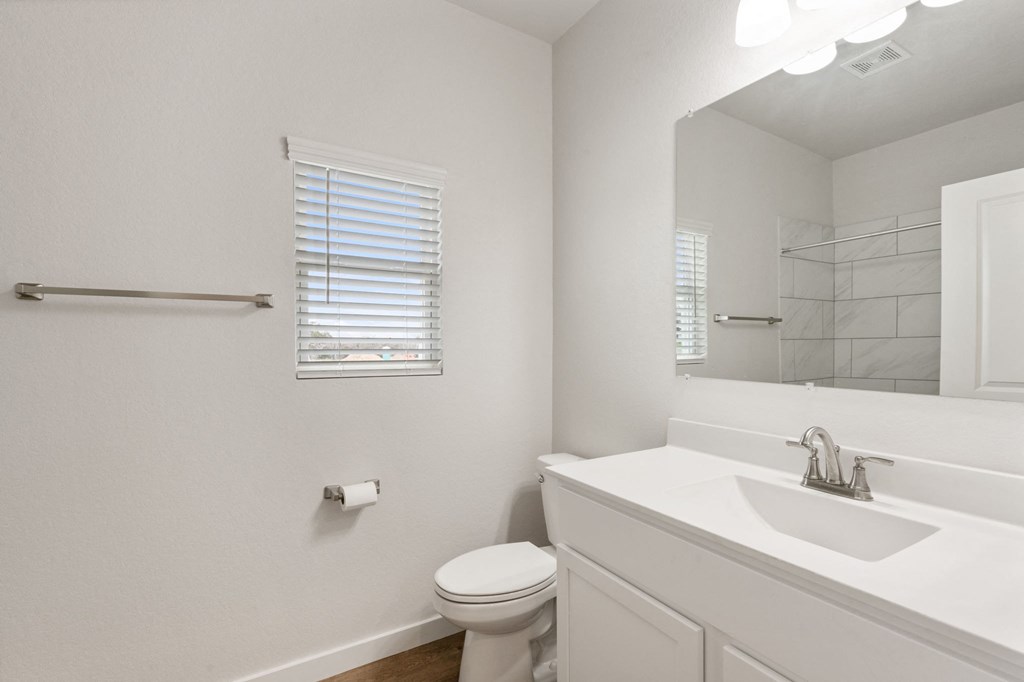 a bathroom with a sink toilet and a mirror