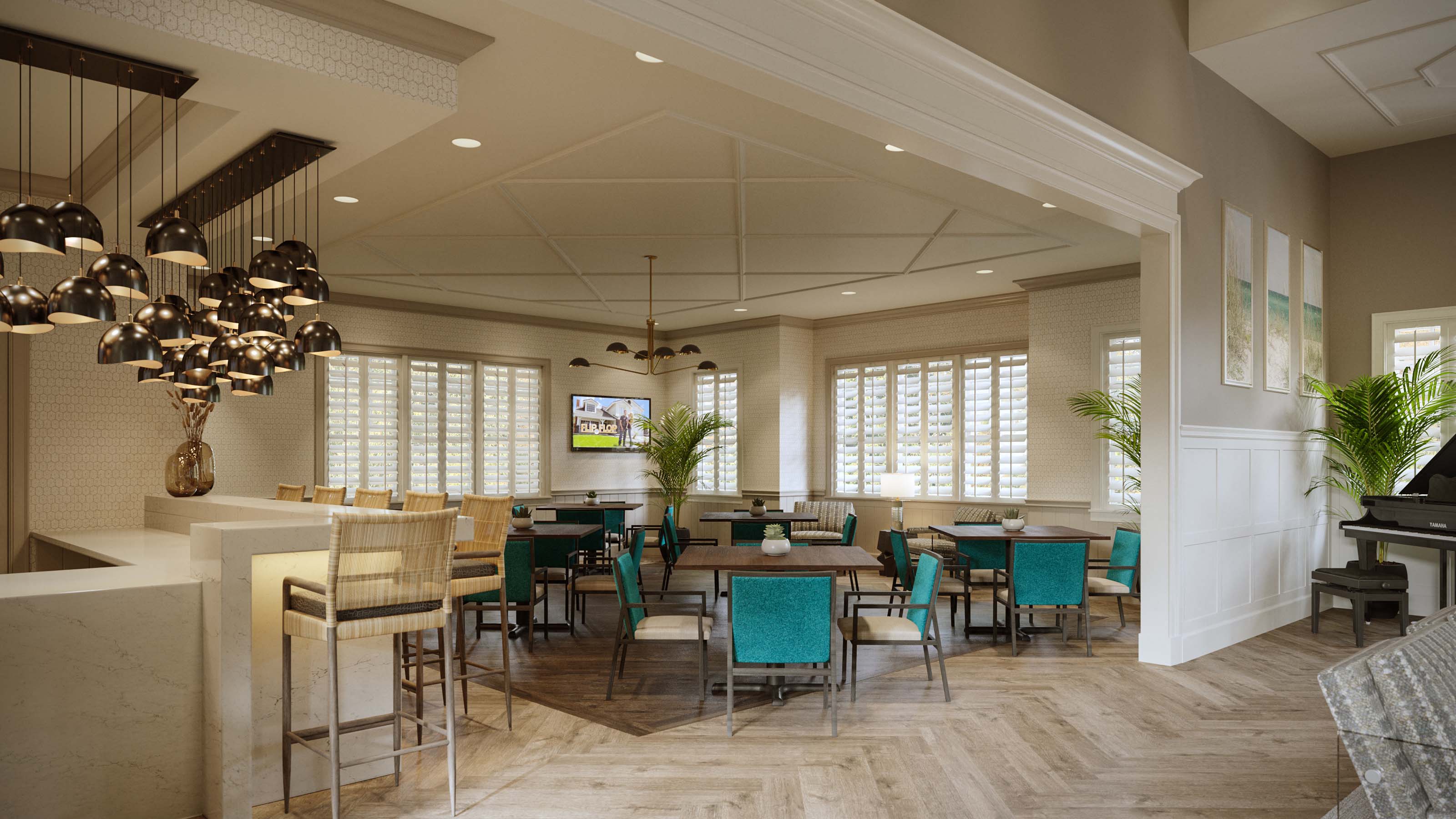 a dining room with tables and chairs and a piano