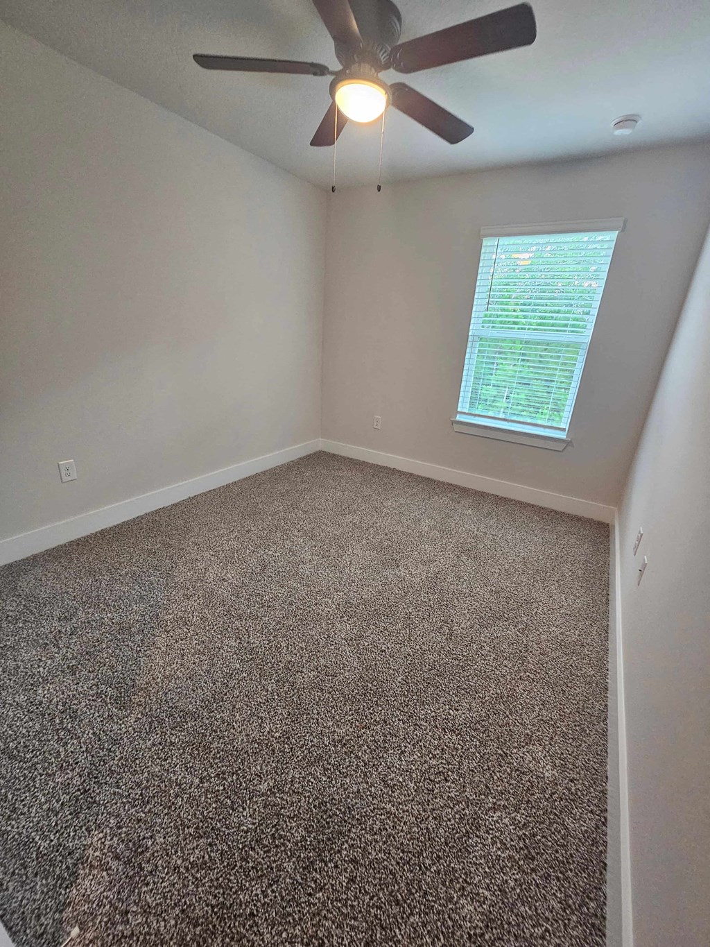 an empty bedroom with a ceiling fan and carpet