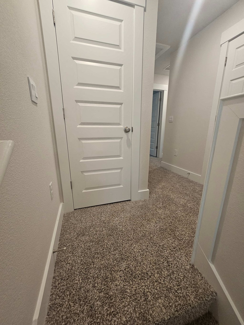 a hallway with a white door and a carpeted floor