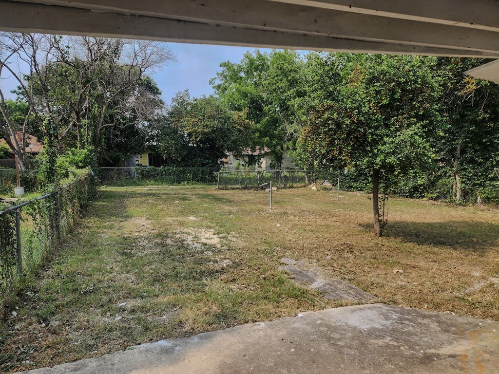 a large yard with a fence and a tree