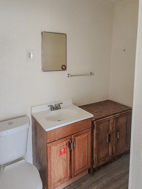 a bathroom with a sink toilet and a mirror
