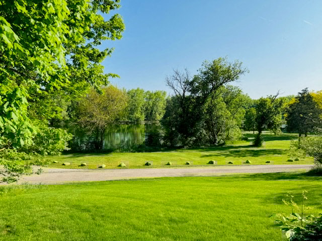 a view of a park with a lake and a path