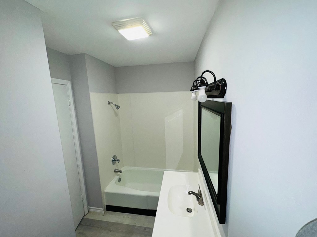 a bathroom with a sink and a tub and a mirror