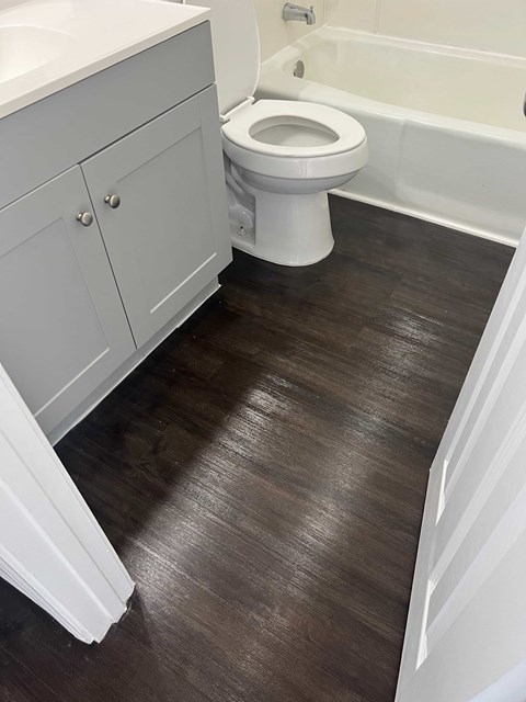 a bathroom with a toilet and a bath tub and a wooden floor