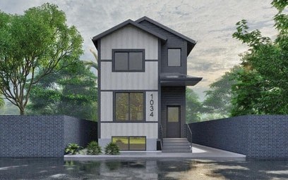 a rendering of a modern house with a yard and a wall