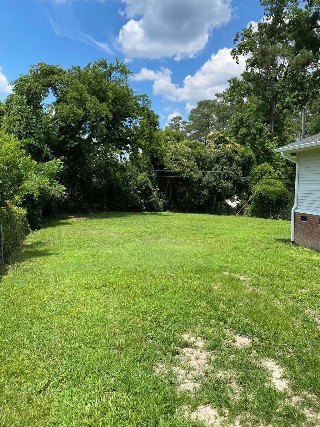 a yard with a house and trees in the background