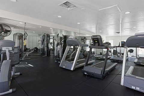 A gym with treadmills and other exercise equipment.