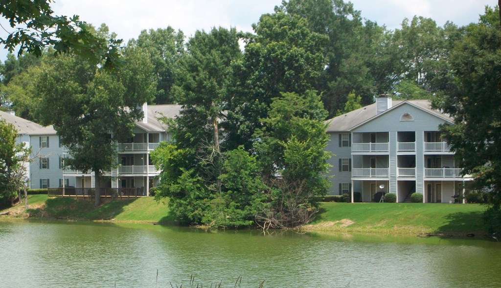 the view of the apartments from the lake