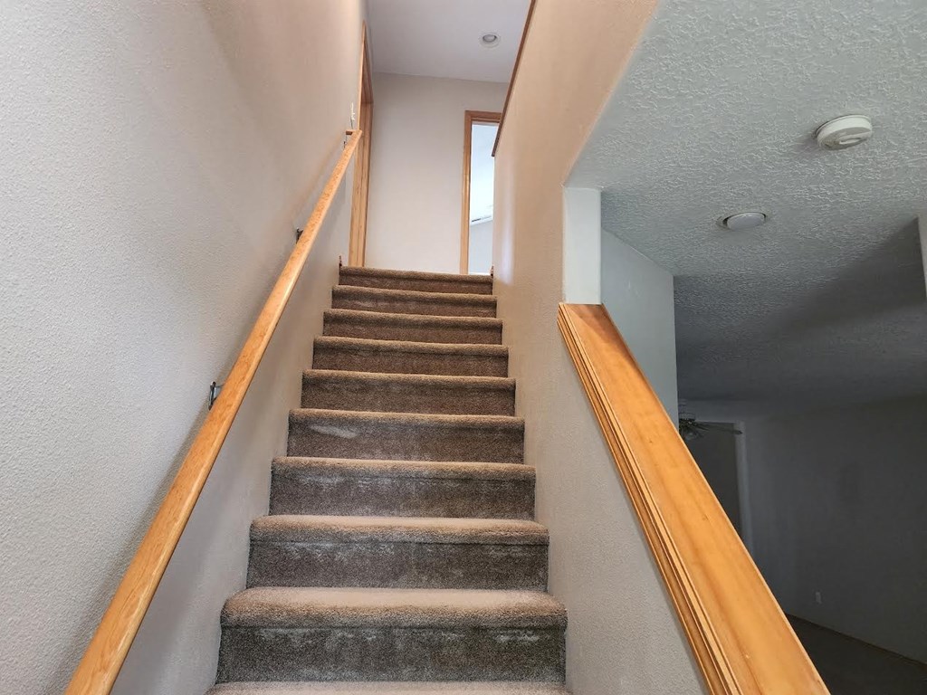 a flight of stairs with a wooden railing and a door at the top