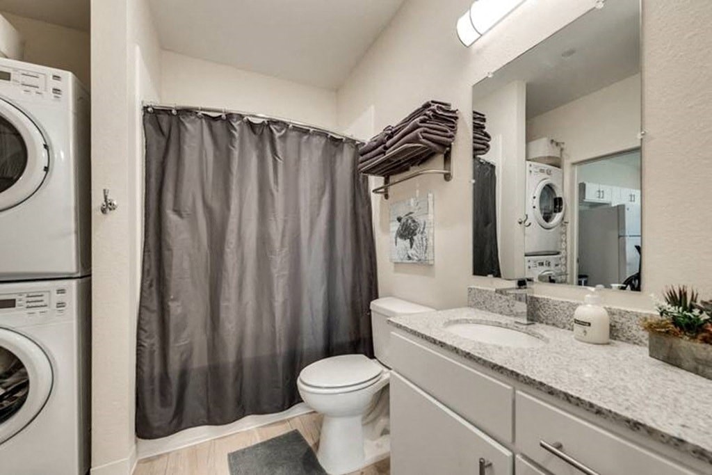 a bathroom with a sink toilet and a washing machine