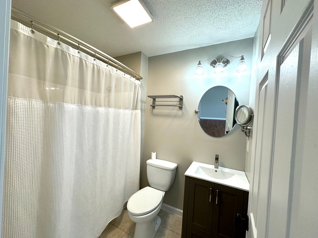 a bathroom with a shower and a toilet and a sink