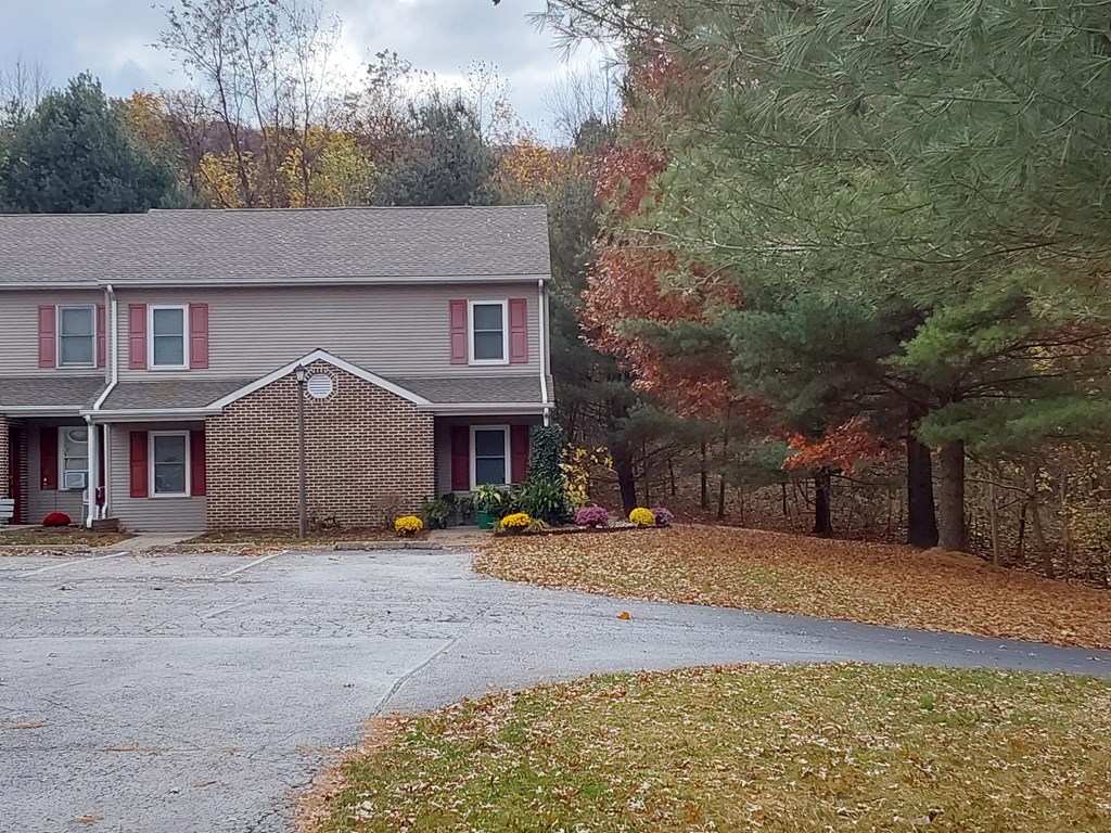 a house with a driveway and trees in front of it