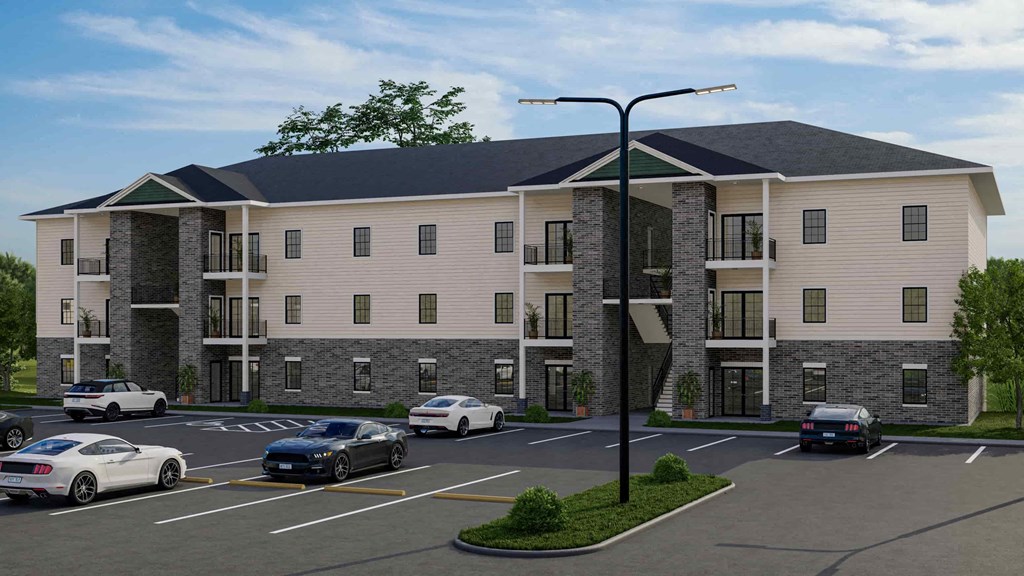 a rendering of an apartment building with cars in a parking lot