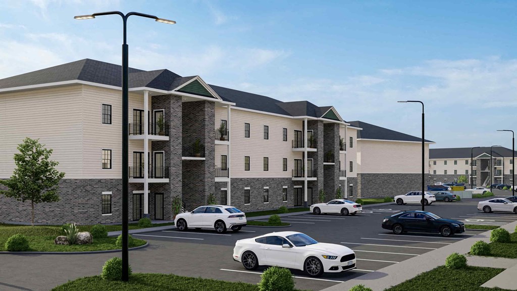 a rendering of an apartment building with cars in a parking lot