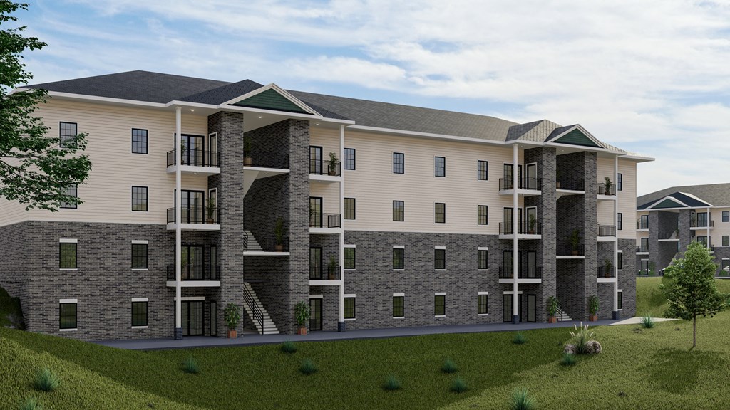 an architectural rendering of a large apartment building with balconies and a sidewalk