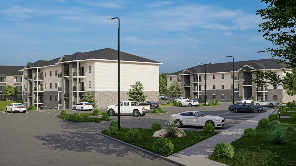 a rendering of an apartment complex in a parking lot with cars