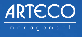 A blue sign with white letters spelling ARTECO management.