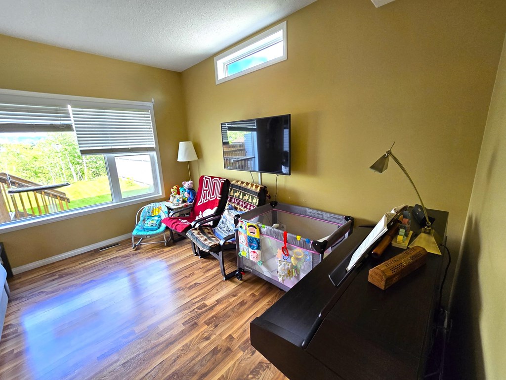 a living room with a baby crib and a tv