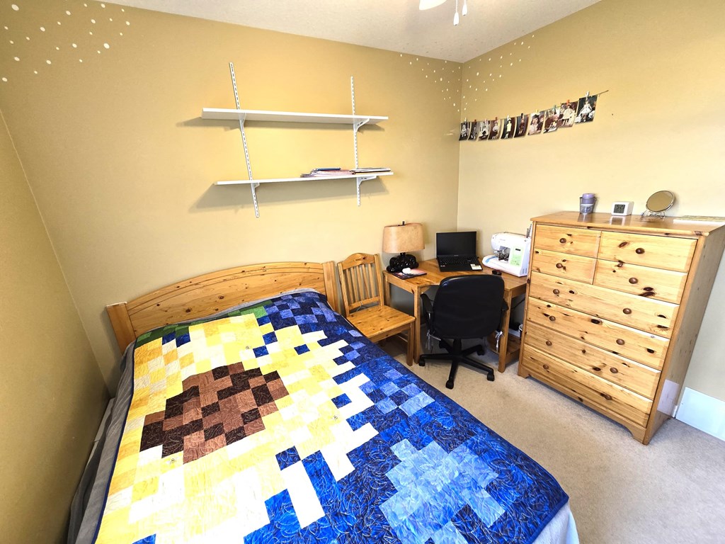 a bedroom with a bed and a dresser and a desk