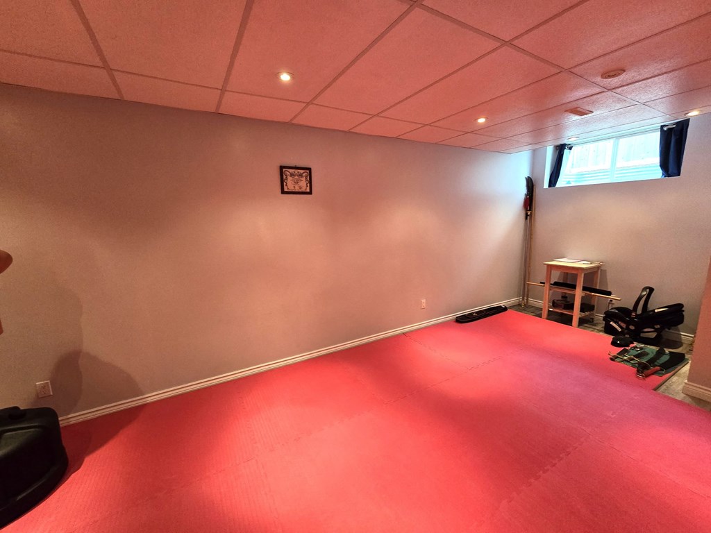 a living room with a red carpet and a window