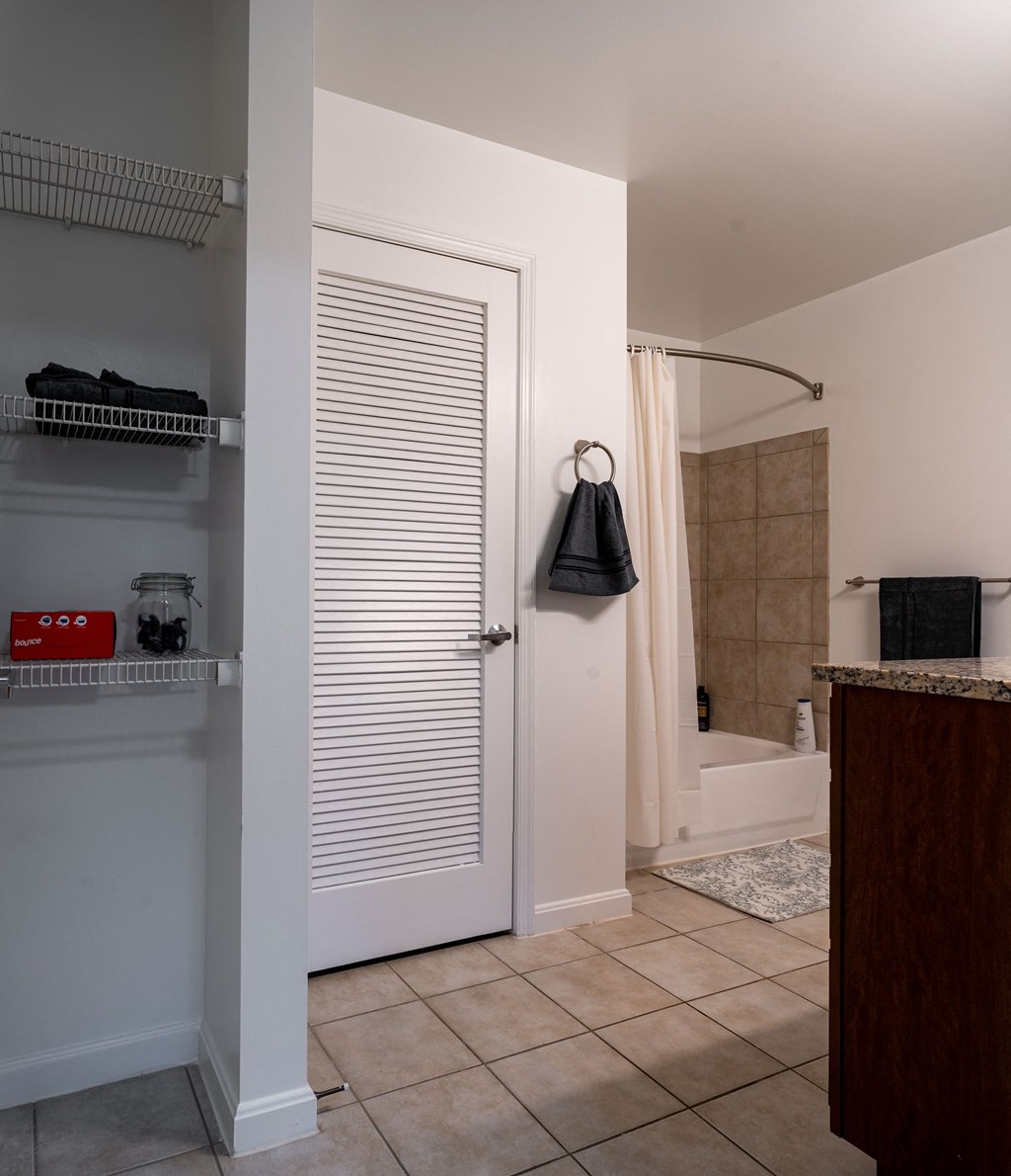 a bathroom with a shower and a closet with a white door
