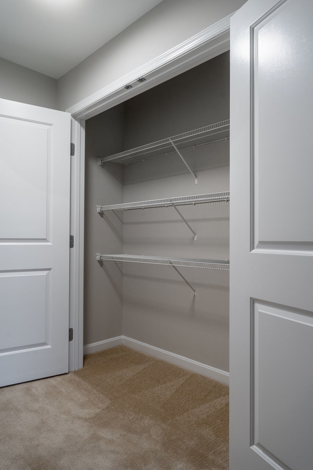 an empty closet in a home with white doors