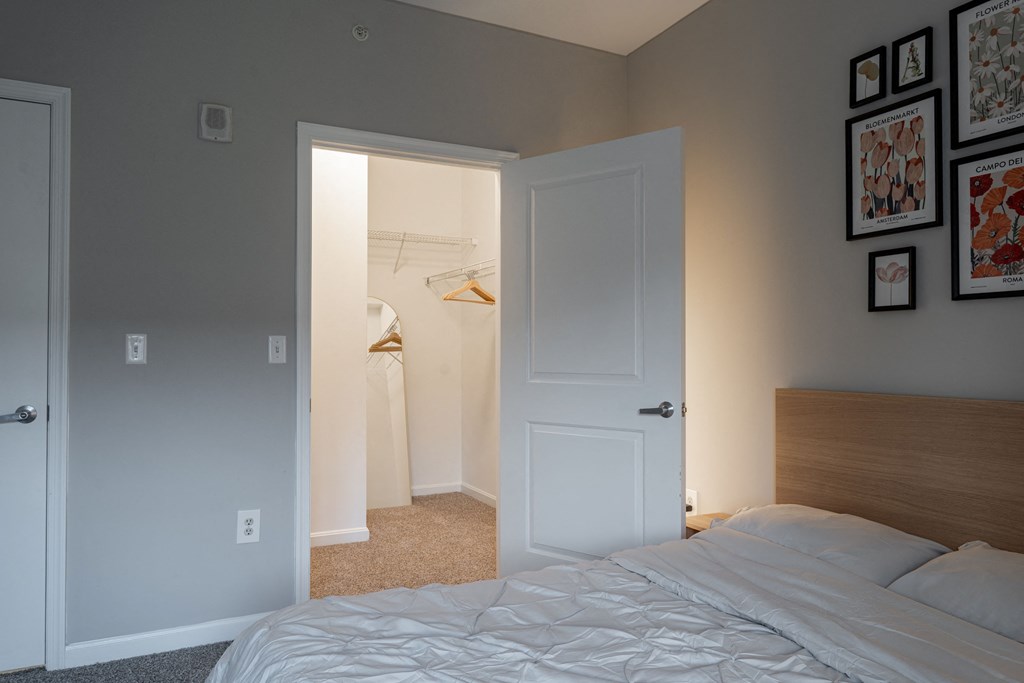 a bedroom with a bed and closet with a closet door open