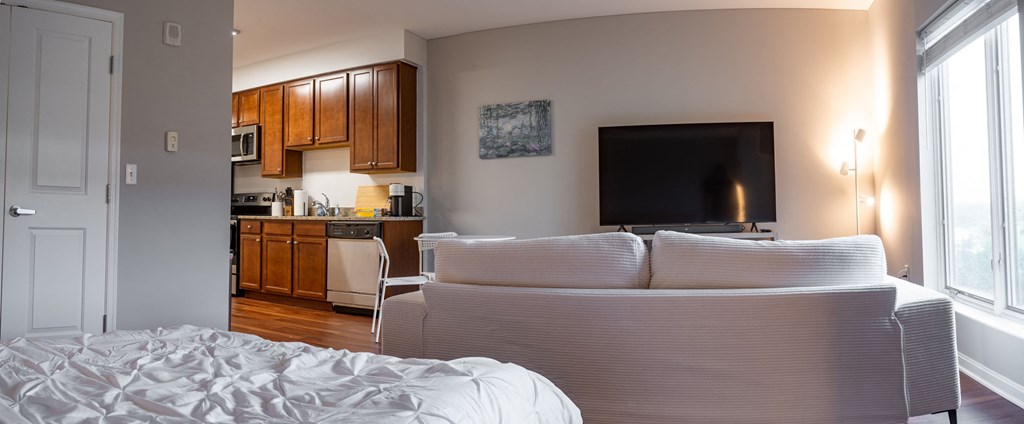 a bedroom with a bed and a tv and a kitchen