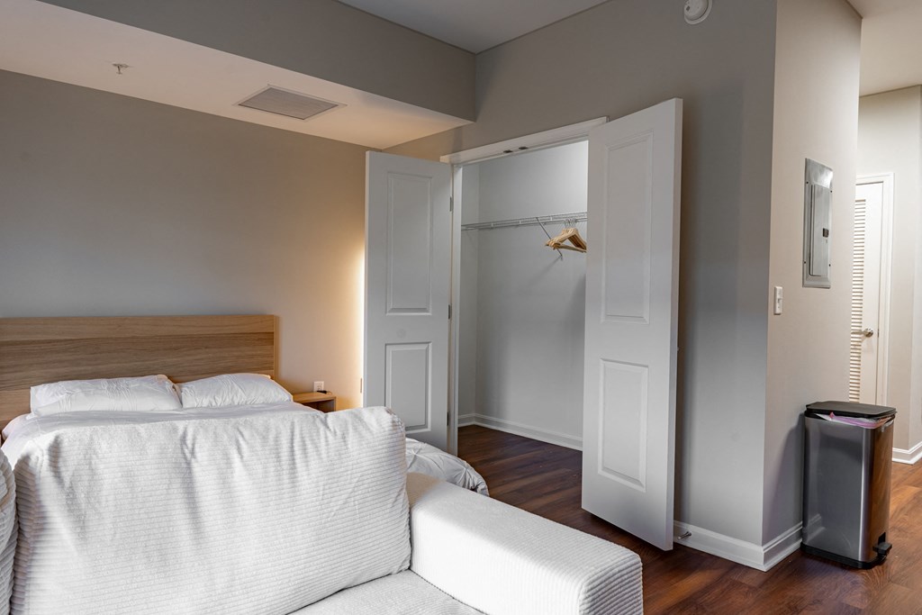 a bedroom with a bed and a closet