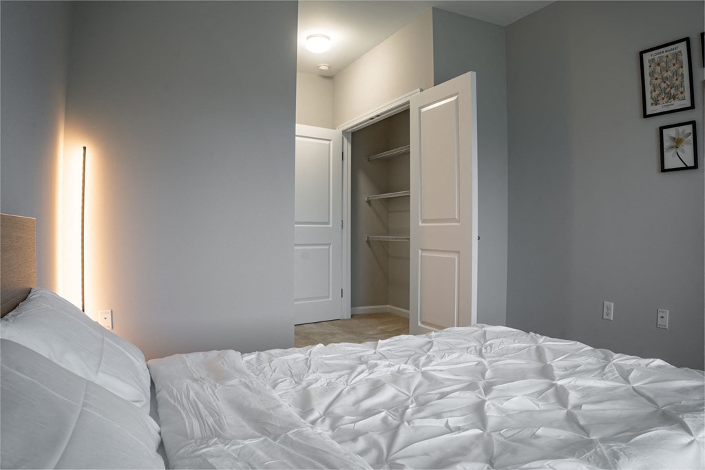 a bedroom with a large bed and a closet