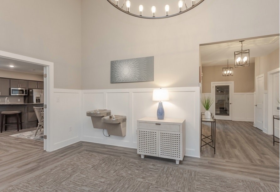 A room with a round chandelier, a white radiator, and a grey rug.