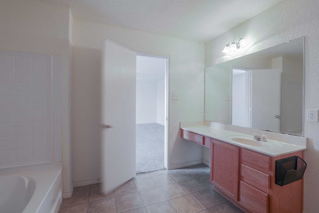 a bathroom with a sink and a tub and a mirror